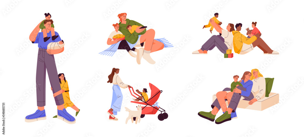 Families with kids set. Parents-children love, relationship concept. Mothers, fathers, child spend time together. Mom, dad, sons and daughters. Flat vector illustrations isolated on white background