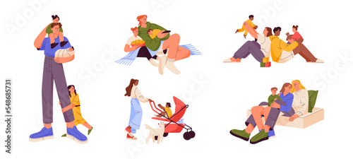 Families with kids set. Parents-children love  relationship concept. Mothers  fathers  child spend time together. Mom  dad  sons and daughters. Flat vector illustrations isolated on white background