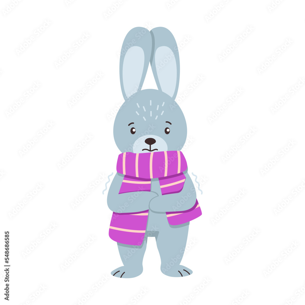 Fototapeta premium Collection of winter animals. Cute hare wrapped in scarf and froze. Vector graphic.