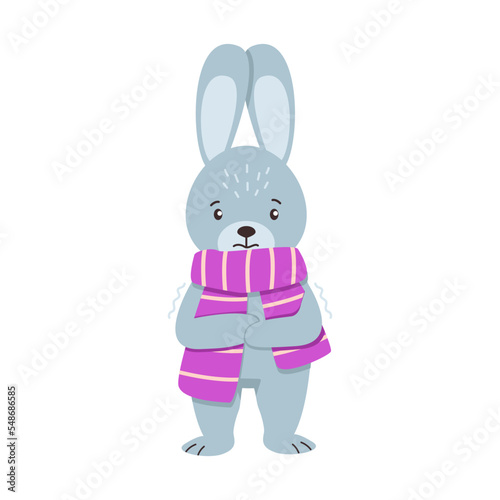 Collection of winter animals. Cute hare wrapped in scarf and froze. Vector graphic.