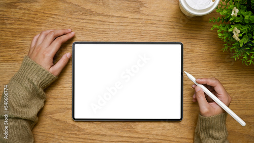Slika na platnu A female hand holding a stylus pen using tablet, tablet white screen mockup is o