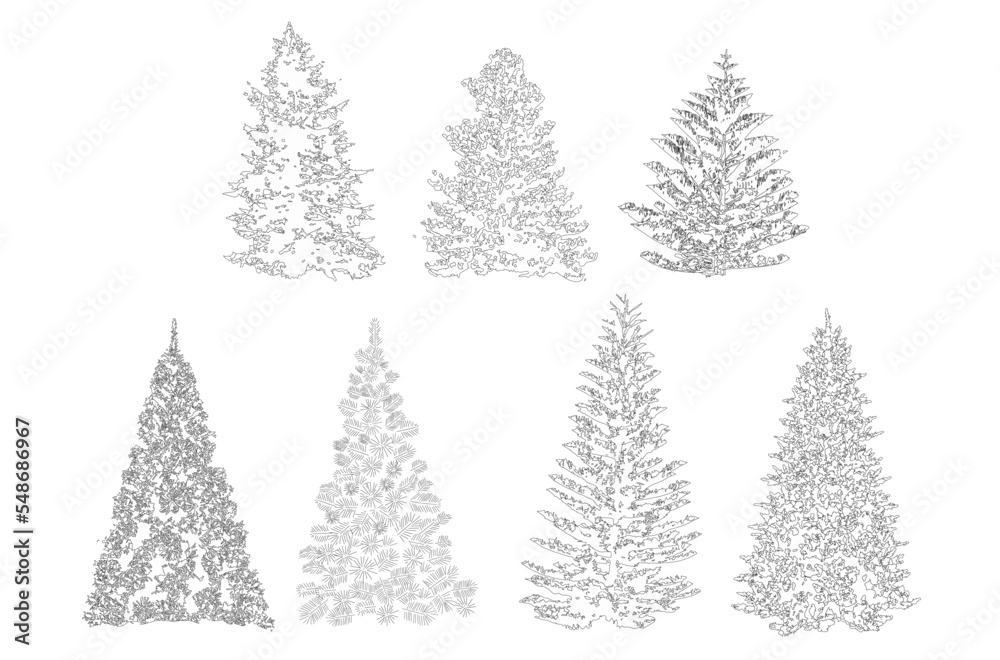 Obraz premium Minimal style cad christmas tree line, Side view, set of graphics pine trees elements outline symbol for architecture and landscape design drawing. Vector illustration in stroke fill in white. Decorat
