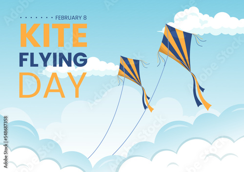 National Kite Flying Day on February 8 of Sunny Sky Background in Kids Summer Leisure Activity in Flat Cartoon Hand Drawn Templates Illustration