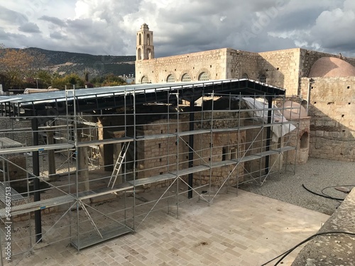 Obraz na płótnie The Church of St. Nicholas the Wonderworker in under repair and reconstruction surrounded by scaffolding in Demre, Antalya, Turkey -22 november 2022 w salonie