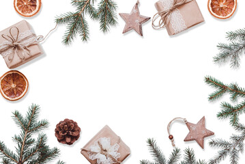 Neutral Christmas frame of fir branches, eco friendly gifts and baubles Cutout