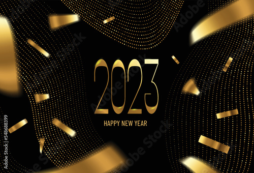 Golden luxury 2023 Happy New Year elegant design on black background Elegant modern minimalistic typography with numbers. Concept design. Business Christmas background with stars, confetti.