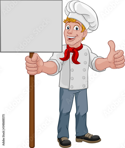 A chef cook or baker man cartoon character giving a thumbs up hand sign and holding a signboard