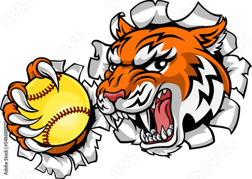 A tiger animal softball sports team cartoon mascot