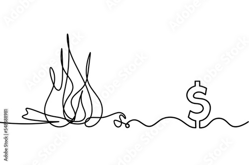 Abstract fire with dollar as line drawing on white background