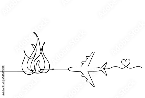 Abstract fire with plane as line drawing on white background