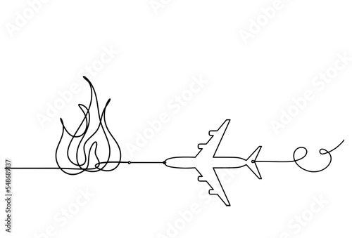 Abstract fire with plane as line drawing on white background