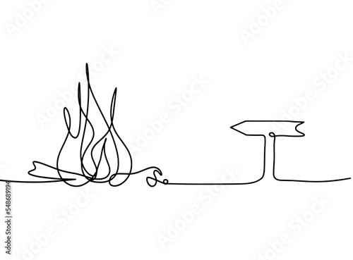 Abstract fire with arrow as line drawing on white background