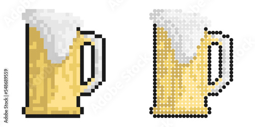 Pixel icon. Beer mug with foam. Oktoberfest 19 September. Alcoholic drinks, holiday. Simple retro game vector isolated on white background
