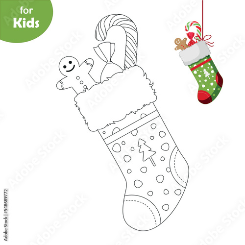 Mini games for the little ones. Coloring book. Green Christmas sock with candy