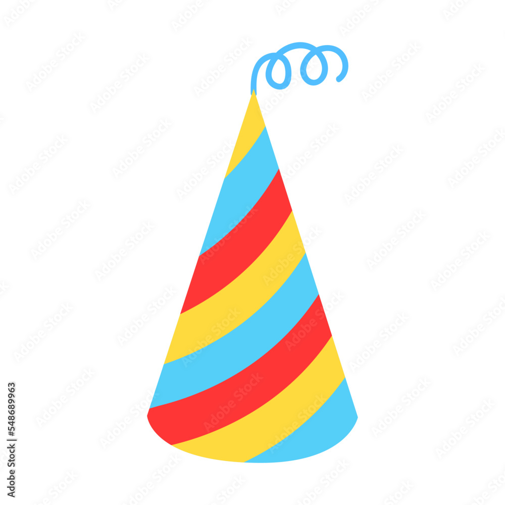Cute clown headdress, birthday party element vector illustration. Cake, cupcakes, confetti, balloon, gifts for kids isolated on white background Cute clown headdress, birthday party element vector illustration. Cake, cupcakes, confetti, balloon, gifts for kids isolated on white background