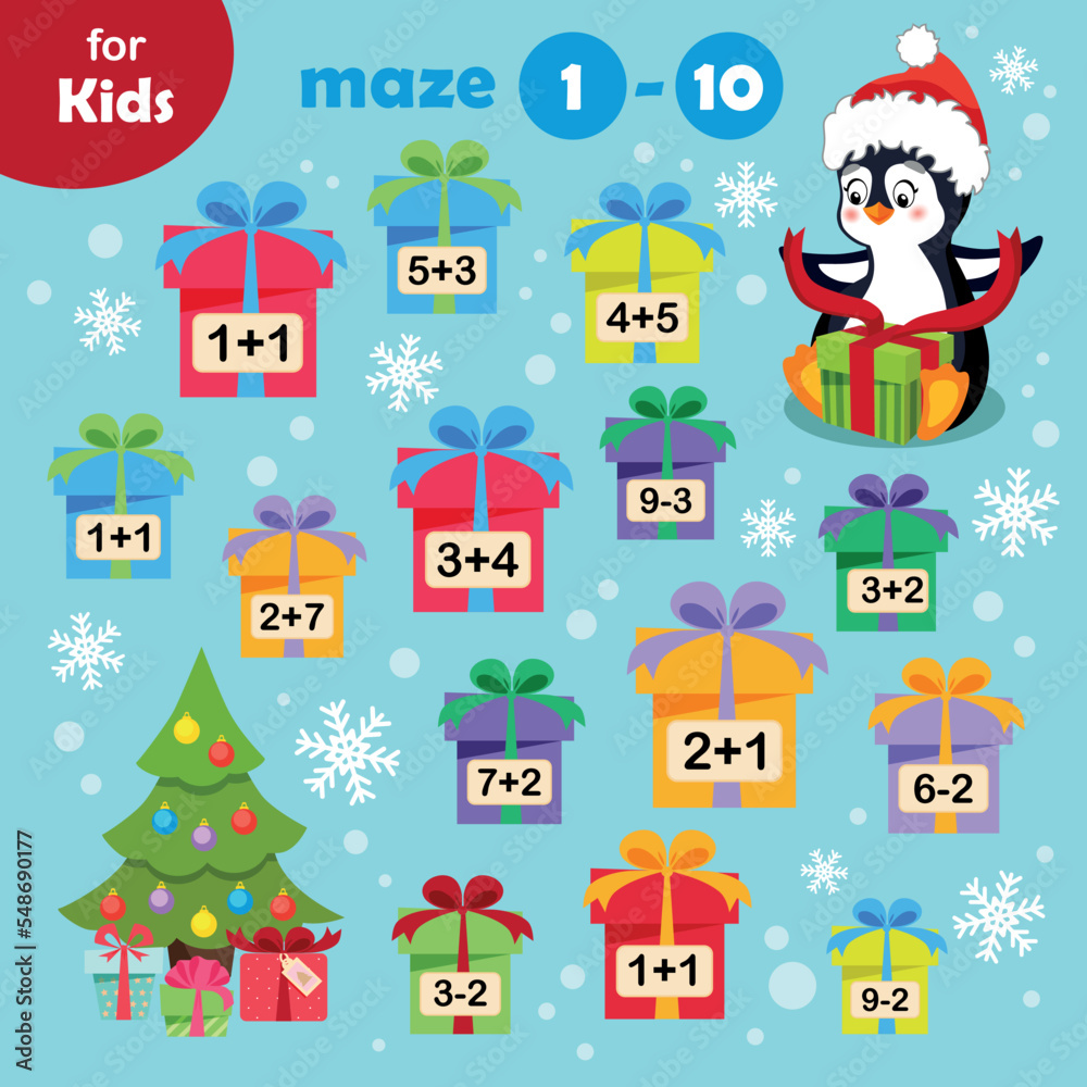 Math maze from 1 to 10. Cute penguin opens a New Year's gift. Christmas tree