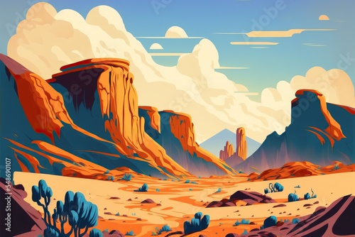 Foto Desert canyon valley hot summer sun day with dusty orange haze, sandstone cliffs and dry arid sand hills