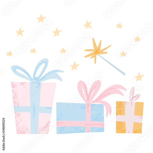 Colorful gift box vectors in a hand drawn style, isolated on white background. Christmas gifts in flat and hand drawn style.