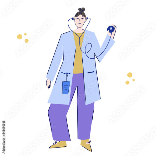 The female doctor is hand-drawn in a flat style with a linear stroke. A medical worker in a gown with a stethoscope is drawn in a naive cartoon style. Consultation and diagnosis.