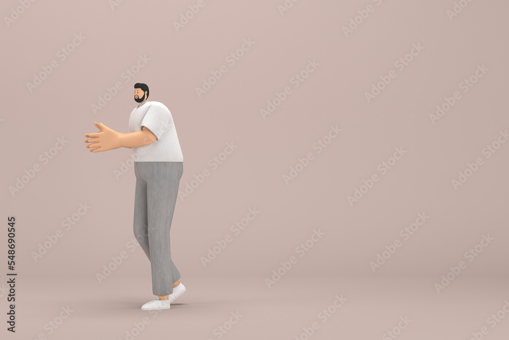The man with beard wearinggray corduroy pants and white collar t-shirt. He is expression of hand when talking. 3d rendering of cartoon character in acting. The man with beard wearinggray corduroy pants and white collar t-shirt. He is expression of hand when talking. 3d rendering of cartoon character in acting.