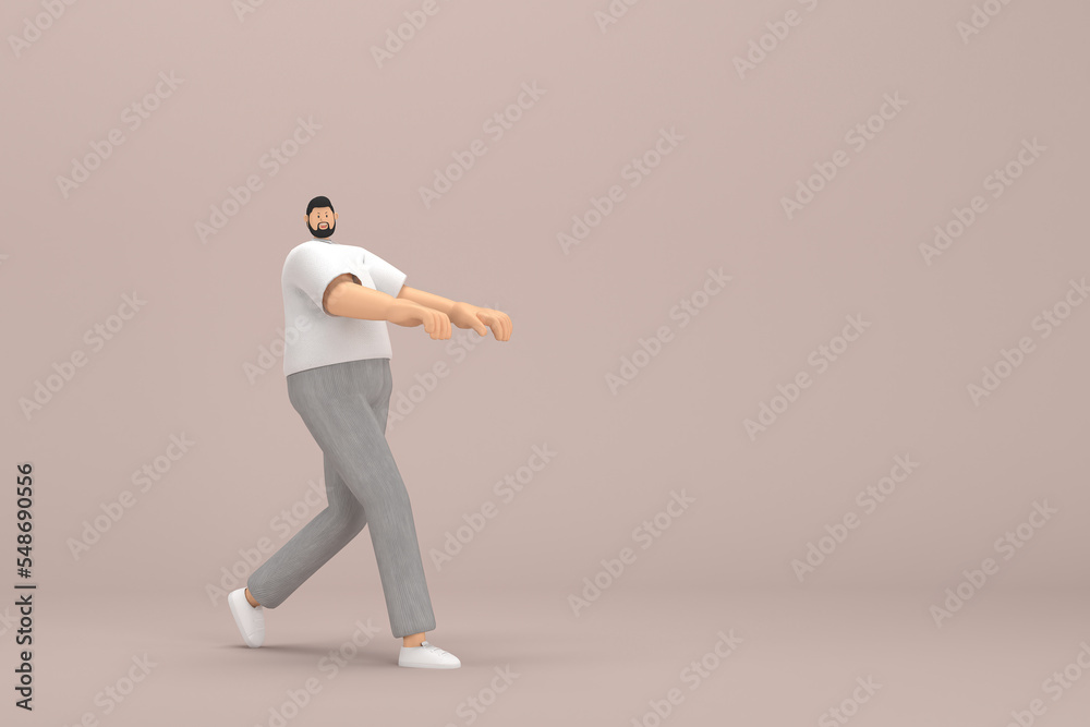 The man with beard wearinggray corduroy pants and white collar t-shirt. He is expression  of hand when talking. 3d rendering of cartoon character in acting.