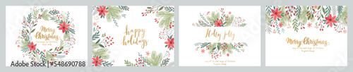 Christmas card set - hand drawn floral flyers. Lettering with Christmas decorative elements.