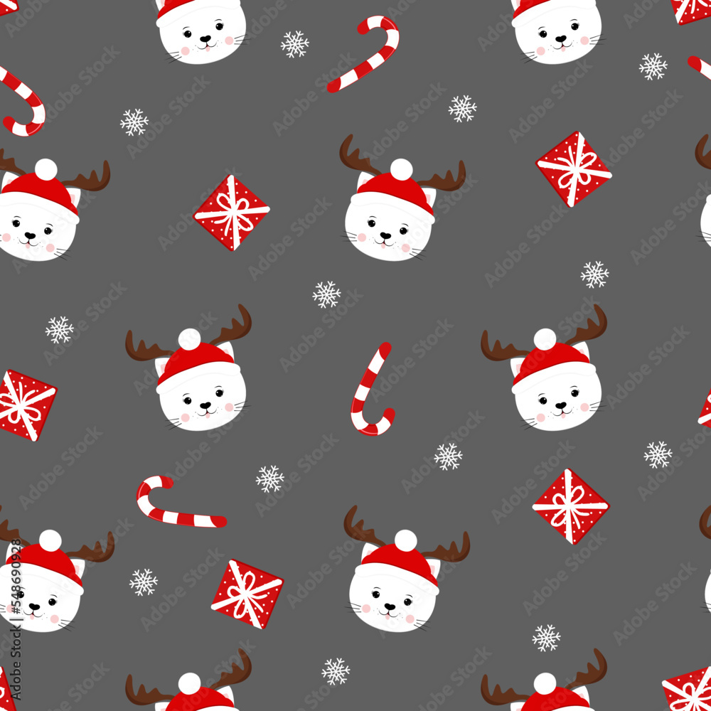 Funne cats with christmas hats. Seamless winter pattern with cats, gifts, snowflakes and candy cane Funne cats with christmas hats. Seamless winter pattern with cats, gifts, snowflakes and candy cane