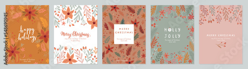 Christmas card set - hand drawn floral flyers boho style. Lettering with Christmas decorative elements.