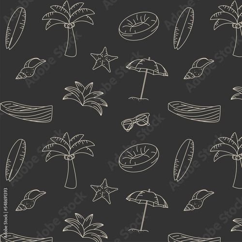summer patterns on a dark background. tropical background with white doodle lines for banner, poster