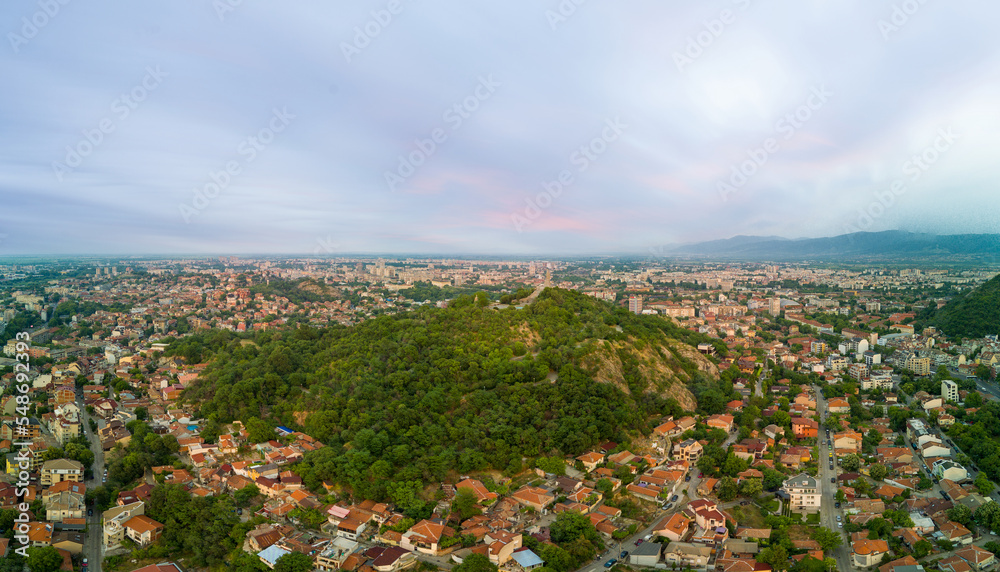 Town of Plovdiv in Bulgaria in valley of Rhodope mountains. Panorama, top view
