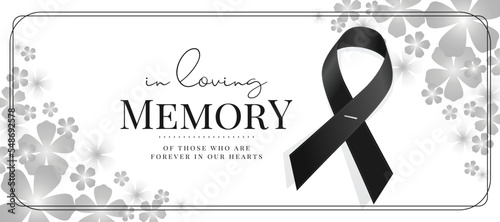 In loving memory of those who are forever in our hearts text and Black ribbon sign on gray flower frame texture background vector design photo