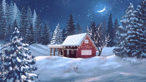 Night Winter scenery snow landscape Red Cabin covered in Snow Christmas tree anime background © Jeans Sukchip