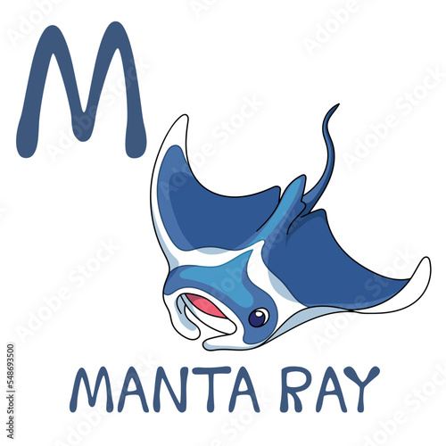 Cute Sea Animal Alphabet Series. M is for Manta ray. Vector cartoon character design illustration.