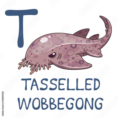 Cute Sea Animal Alphabet Series. T is for Tasselled wobbegong. Vector cartoon character design illustration. photo
