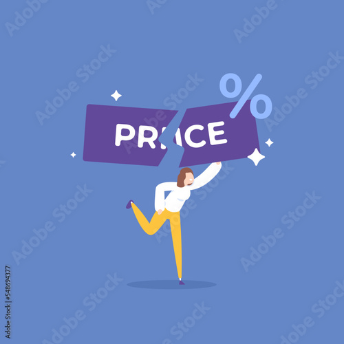 discounts. a woman divides the price or determines the price of the product. business, promotions, and offers. concept illustration designs. graphic elements