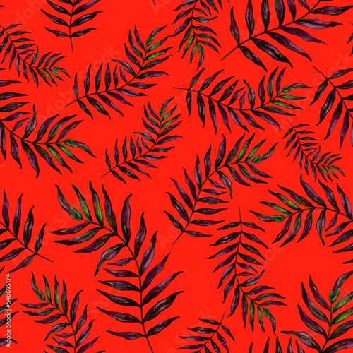 Watercolor seamless pattern with palm leaves. Beautiful allover tropical print with hand drawn exotic plants. Swimwear botanical design. 