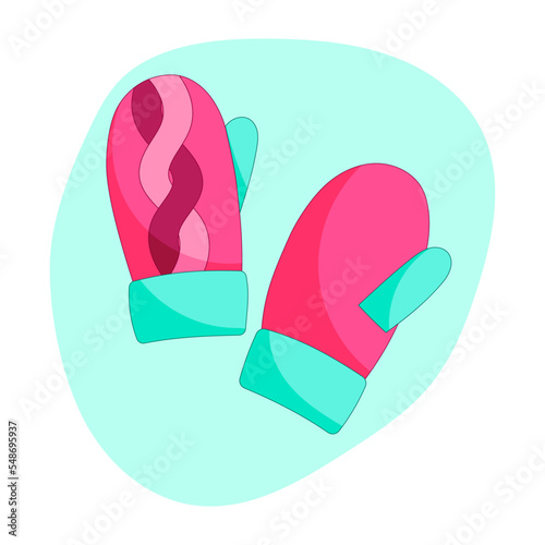 Pair of cute knitted mittens pink and mint. Two isolated elements, front and back of the mittens. Flat cartoon vector illustration.