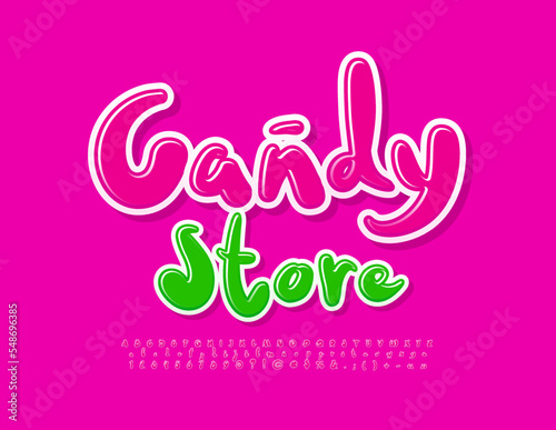 Vector modern sign Candy Store. Pink Glossy Font. Funny Alphabet Letters, Numbers and Symbols.