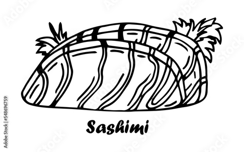 Salmon sashimi. Japanese cuisine ingredient. Vintage hand drawn sketch engraving vector illustration.