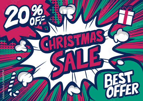 20%off Christmas sale typography pop art background, an explosion in comic book style.