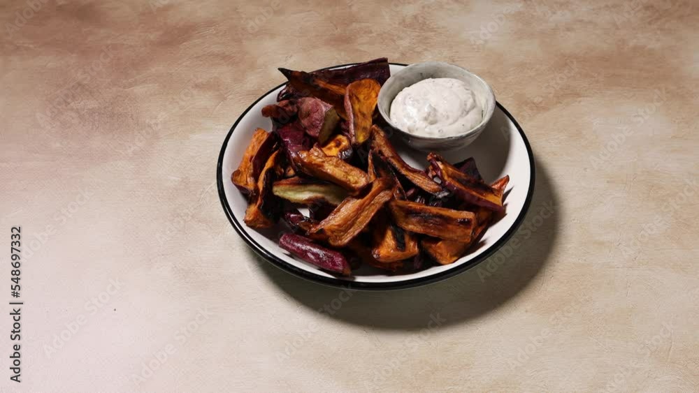 Roasted vegetables on plate with dip Roasted vegetables on plate with dip