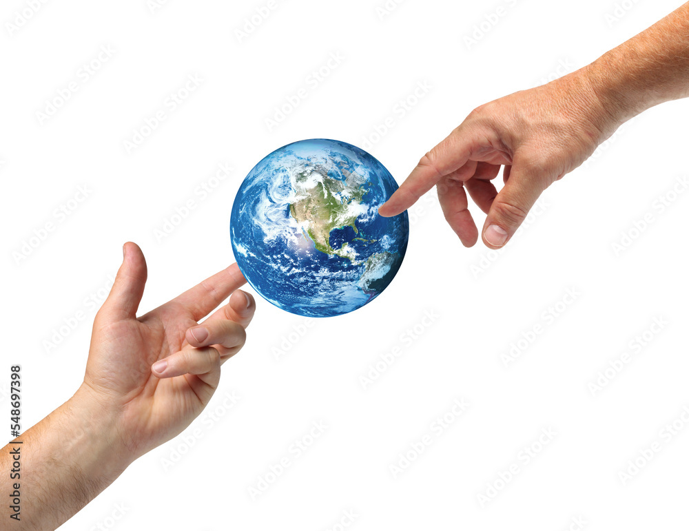 Hands reaching blue planet Earth, isolated. Ecology and climate change concept