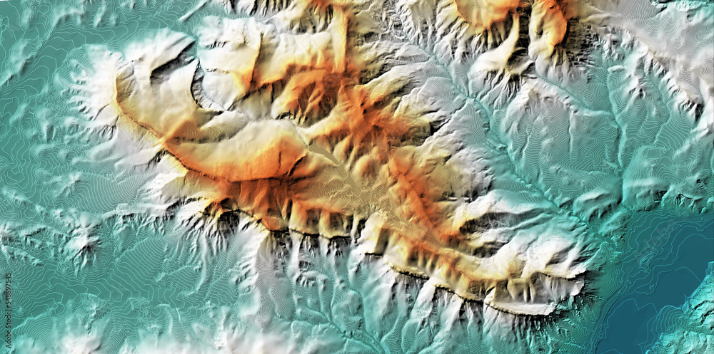 Concept de fond - Vue aérienne de paysage vallonné territoire montagneux - Rendu 3d modèle numérique de terrain avec courbes de niveau Concept de fond - Vue aérienne de paysage vallonné territoire montagneux - Rendu 3d modèle numérique de terrain avec courbes de niveau