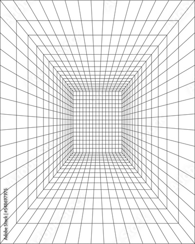 Room, hallway, studio or portal perspective wireframe. Box grid structure. Mesh in 3D dimension. Engineering, architecting or technicalisometric cell frame