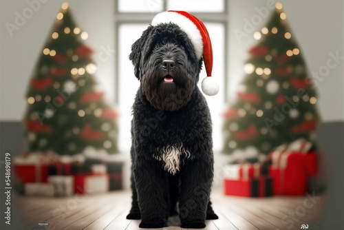 Adorable Black Russian Terrier Puppy with Santa Claus Hat, 3D Rendered