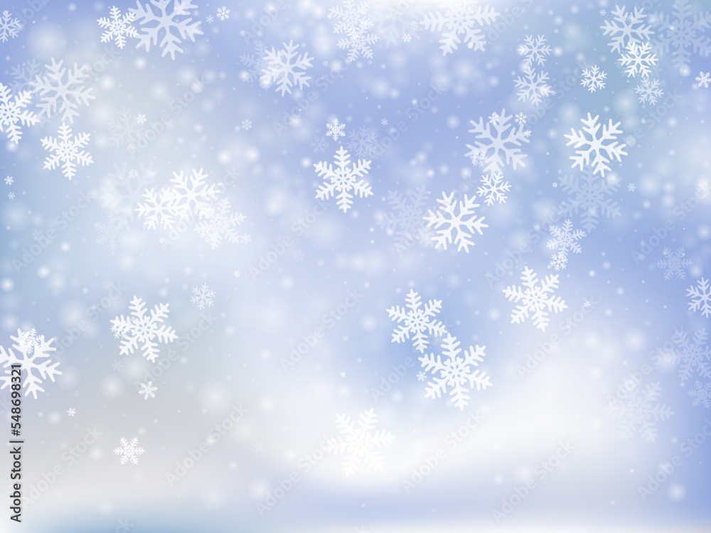 Magical falling snowflakes background. Wintertime fleck crystallic particles. Snowfall weather white blue composition. Mess snowflakes new year vector. Snow hurricane landscape.