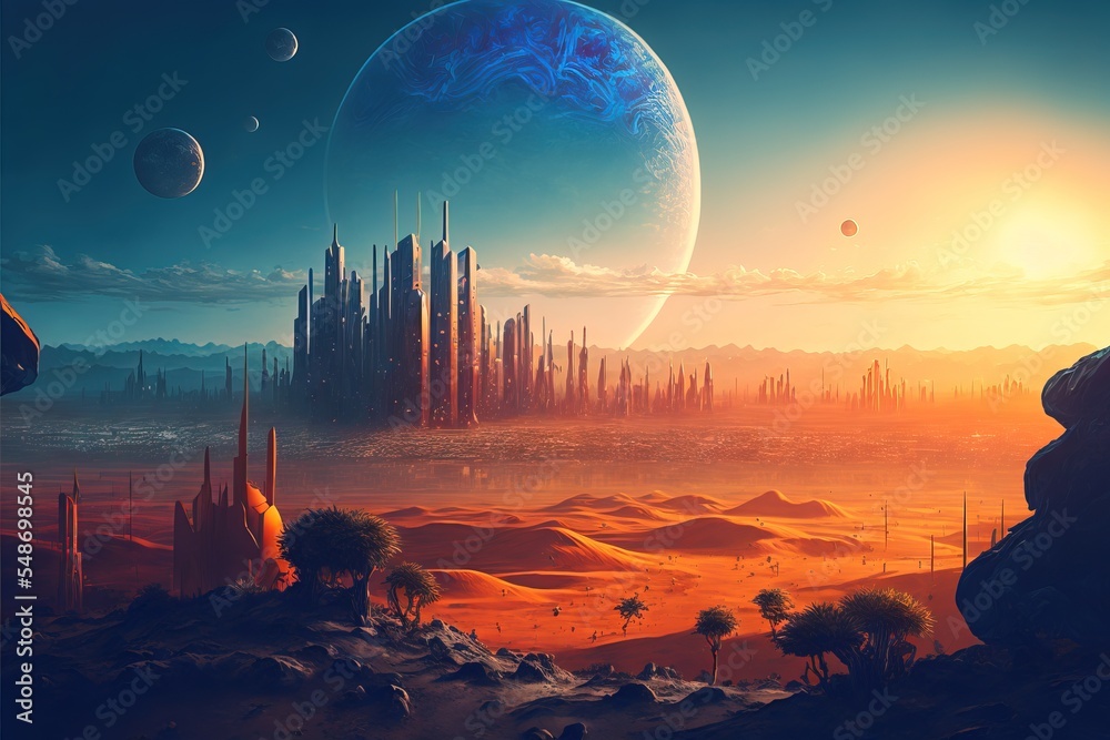 alien planet full of alien plants, fantasy landscape as background ...