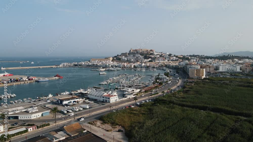 Aerial View Of Marina Port Ibiza. Dolly Left Aerial View Of Marina Port Ibiza. Dolly Left