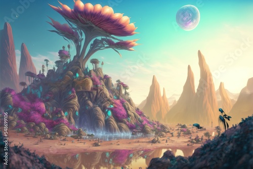 alien planet full of alien plants, fantasy landscape as background