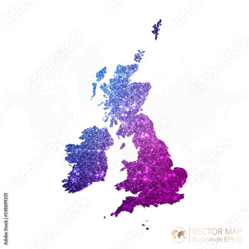 United Kingdom map in geometric wireframe blue with purple polygonal style gradient graphic on white background. Vector Illustration Eps10.